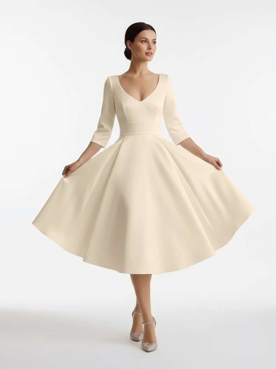Vintage Sleeved A-Line V-neck Satin Tea Length Wedding Dress - Curvevia
