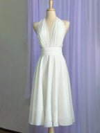 Vintage Tea-Length Chiffon Wedding Dress With Halter Neck and Bow - Curvevia