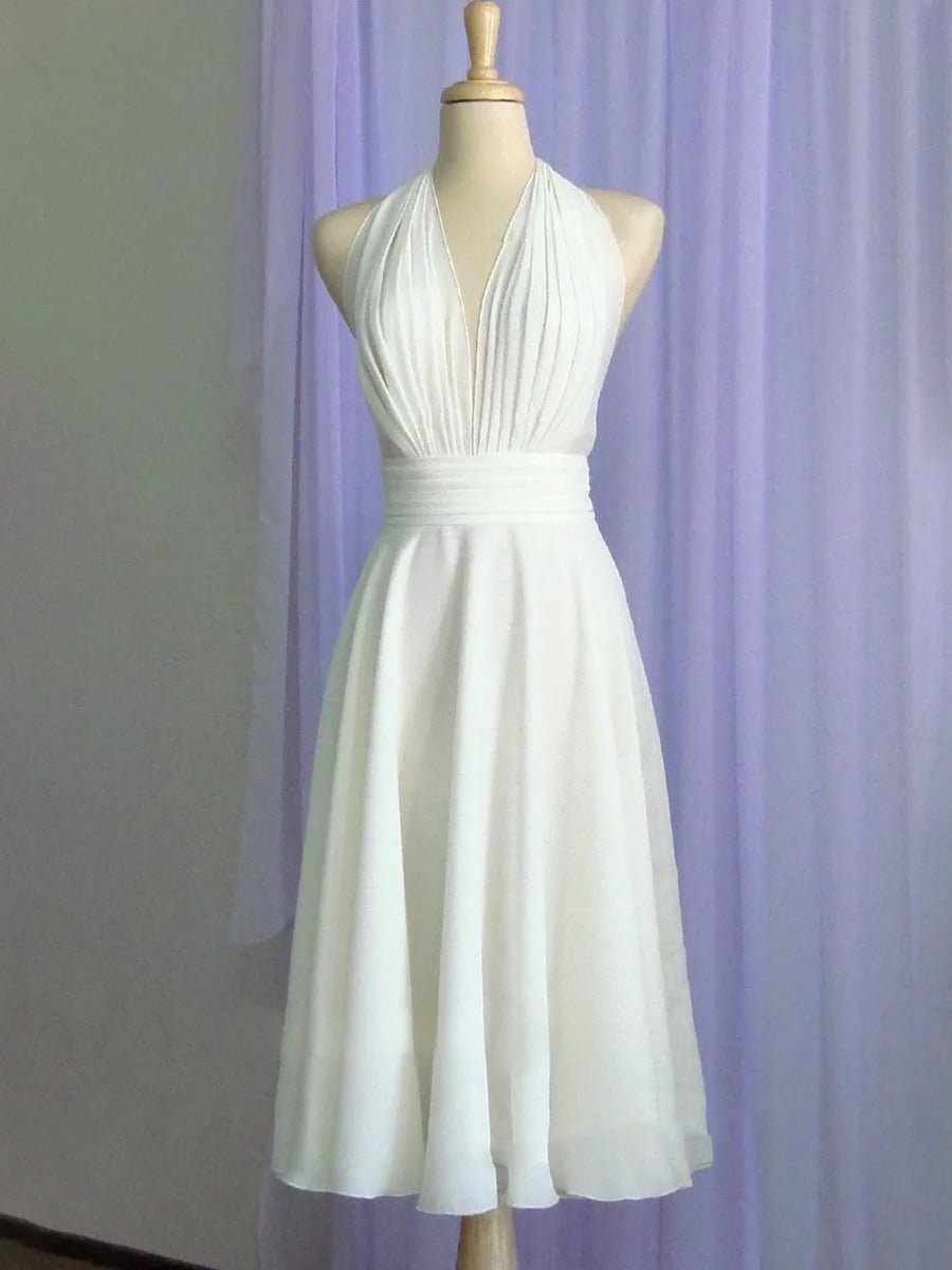 Vintage Tea-Length Chiffon Wedding Dress With Halter Neck and Bow - Curvevia