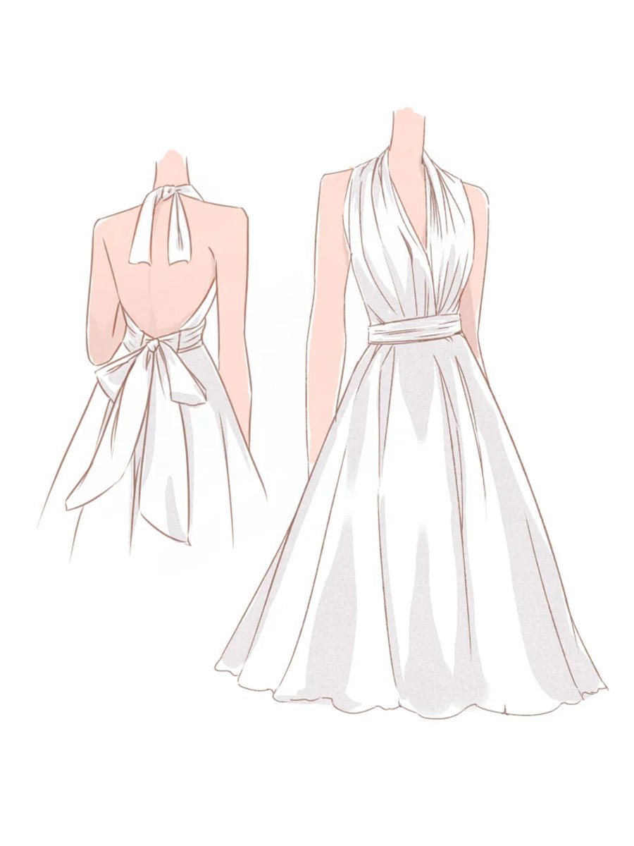 Vintage Tea-Length Chiffon Wedding Dress With Halter Neck and Bow - Curvevia