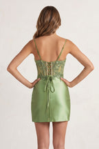 Sage Bodycon Satin Sequined Corset Mini Homecoming Dresses with Lace Appliques - Curvevia