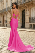 Pink Mermaid Spaghetti Straps Satin Long Evening Dress with Train - Curvevia
