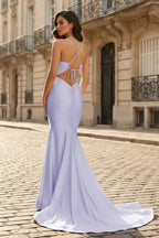 Pink Mermaid Spaghetti Straps Satin Long Evening Dress with Train - Curvevia