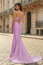 Pink Mermaid Spaghetti Straps Satin Long Evening Dress with Train - Curvevia