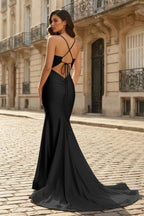 Pink Mermaid Spaghetti Straps Satin Long Evening Dress with Train - Curvevia