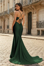 Pink Mermaid Spaghetti Straps Satin Long Evening Dress with Train - Curvevia