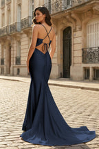 Pink Mermaid Spaghetti Straps Satin Long Evening Dress with Train - Curvevia