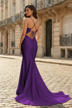 Pink Mermaid Spaghetti Straps Satin Long Evening Dress with Train - Curvevia