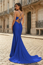 Pink Mermaid Spaghetti Straps Satin Long Evening Dress with Train - Curvevia