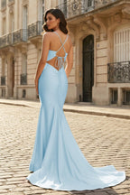 Pink Mermaid Spaghetti Straps Satin Long Evening Dress with Train - Curvevia