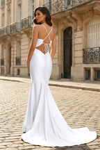 Pink Mermaid Spaghetti Straps Satin Long Evening Dress with Train - Curvevia