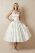 White A-Line Halter Sleeveless Tea Length Satin Bridal Gowns With Bow(s) Pleats - Curvevia