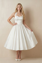 White A-Line Halter Sleeveless Tea Length Satin Bridal Gowns With Bow(s) Pleats - Curvevia