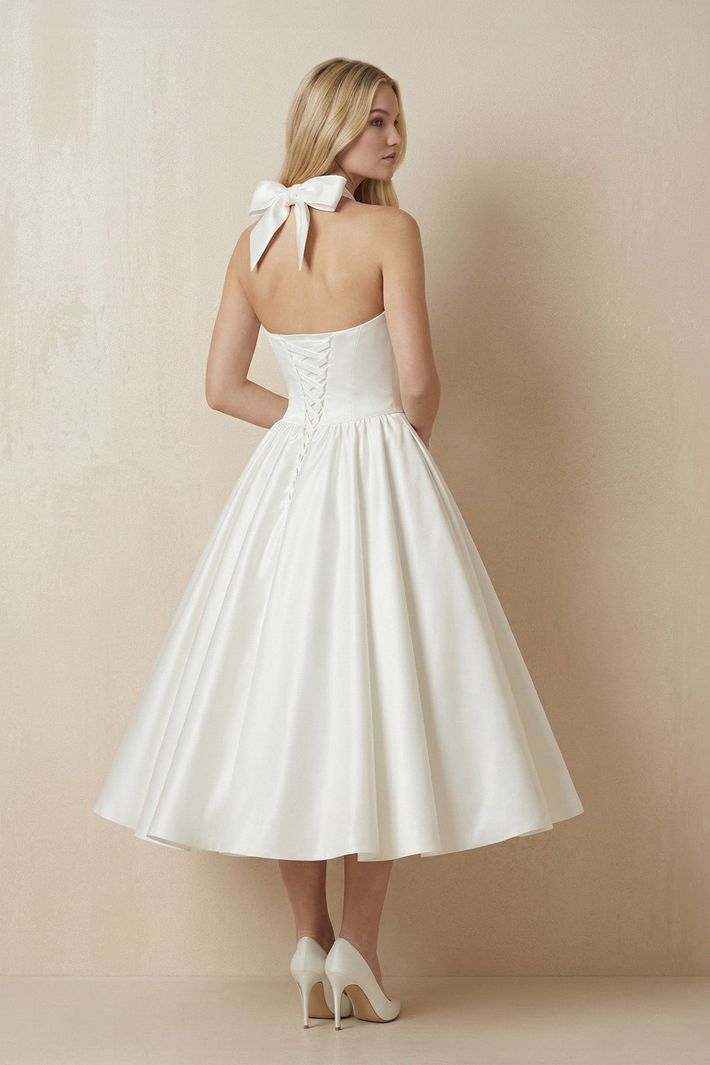 White A-Line Halter Sleeveless Tea Length Satin Bridal Gowns With Bow(s) Pleats - Curvevia