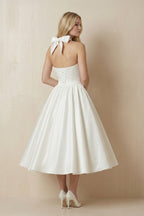 White A-Line Halter Sleeveless Tea Length Satin Bridal Gowns With Bow(s) Pleats - Curvevia