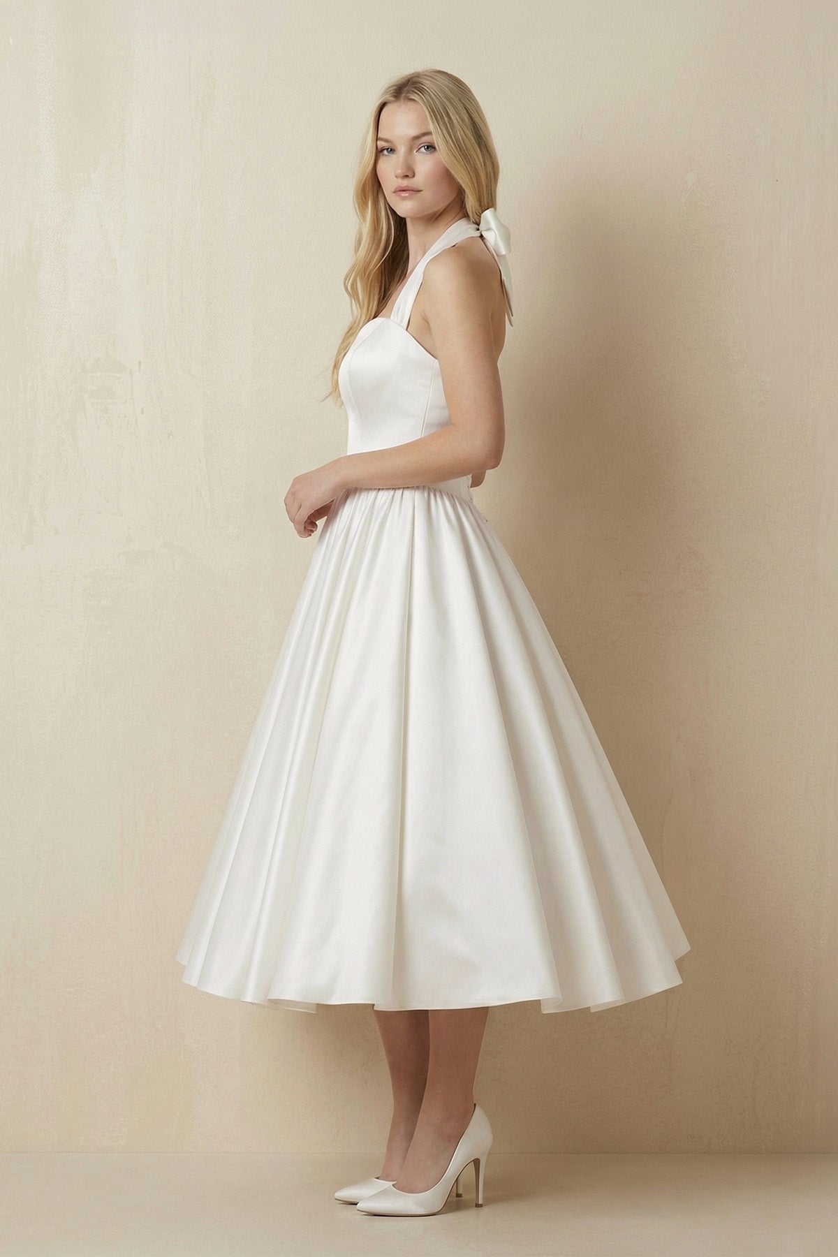 White A-Line Halter Sleeveless Tea Length Satin Bridal Gowns With Bow(s) Pleats - Curvevia