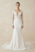 White Appliques Plunge V Mermaid Bridal Gown with Long Sleeves - Curvevia
