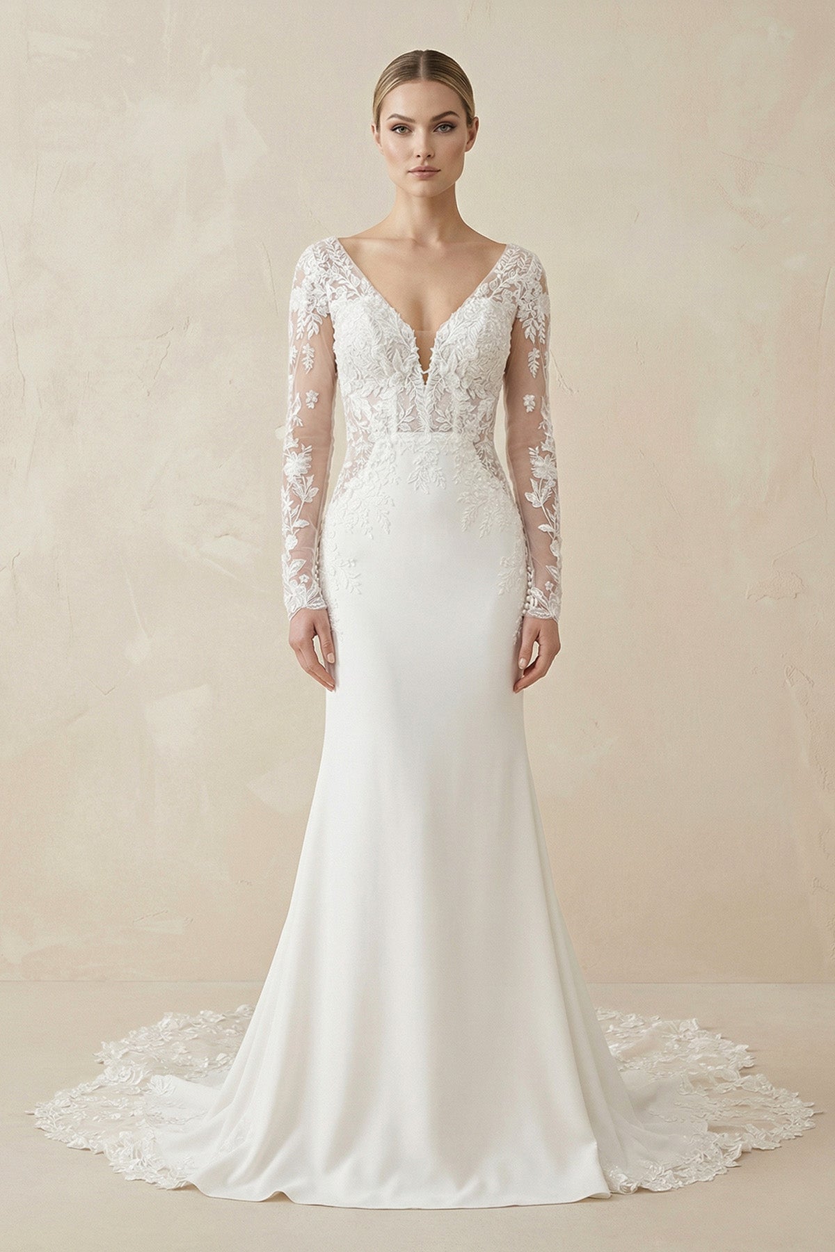White Appliques Plunge V Mermaid Bridal Gown with Long Sleeves - Curvevia