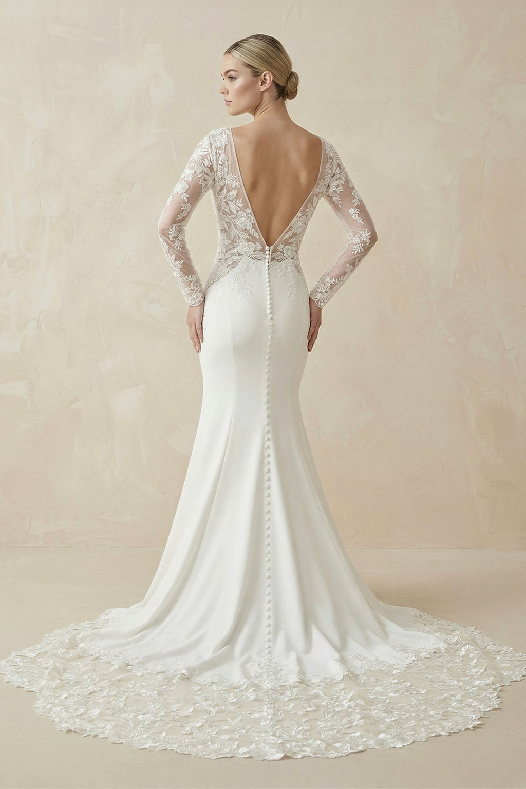 White Appliques Plunge V Mermaid Bridal Gown with Long Sleeves - Curvevia