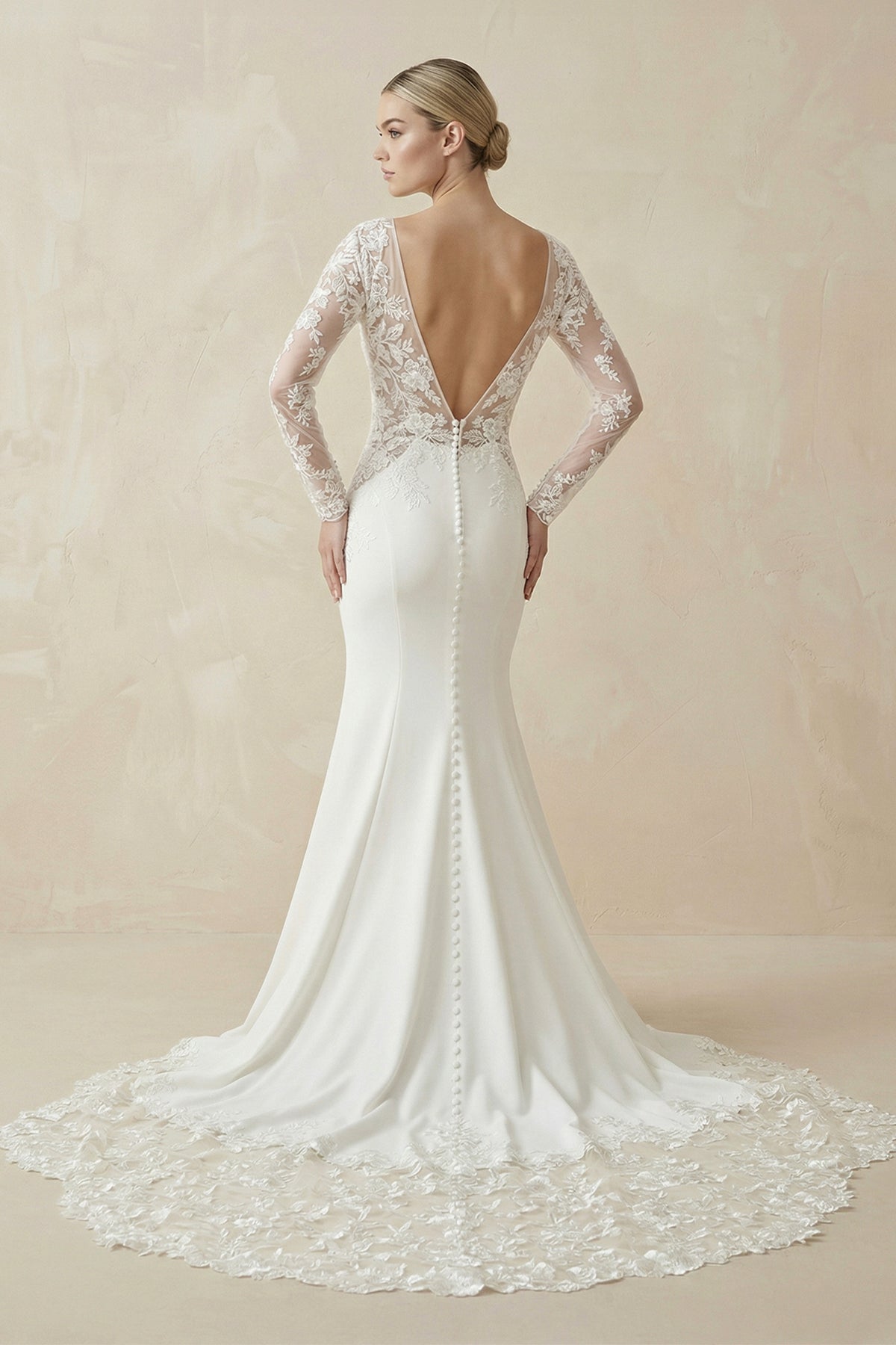 White Appliques Plunge V Mermaid Bridal Gown with Long Sleeves - Curvevia