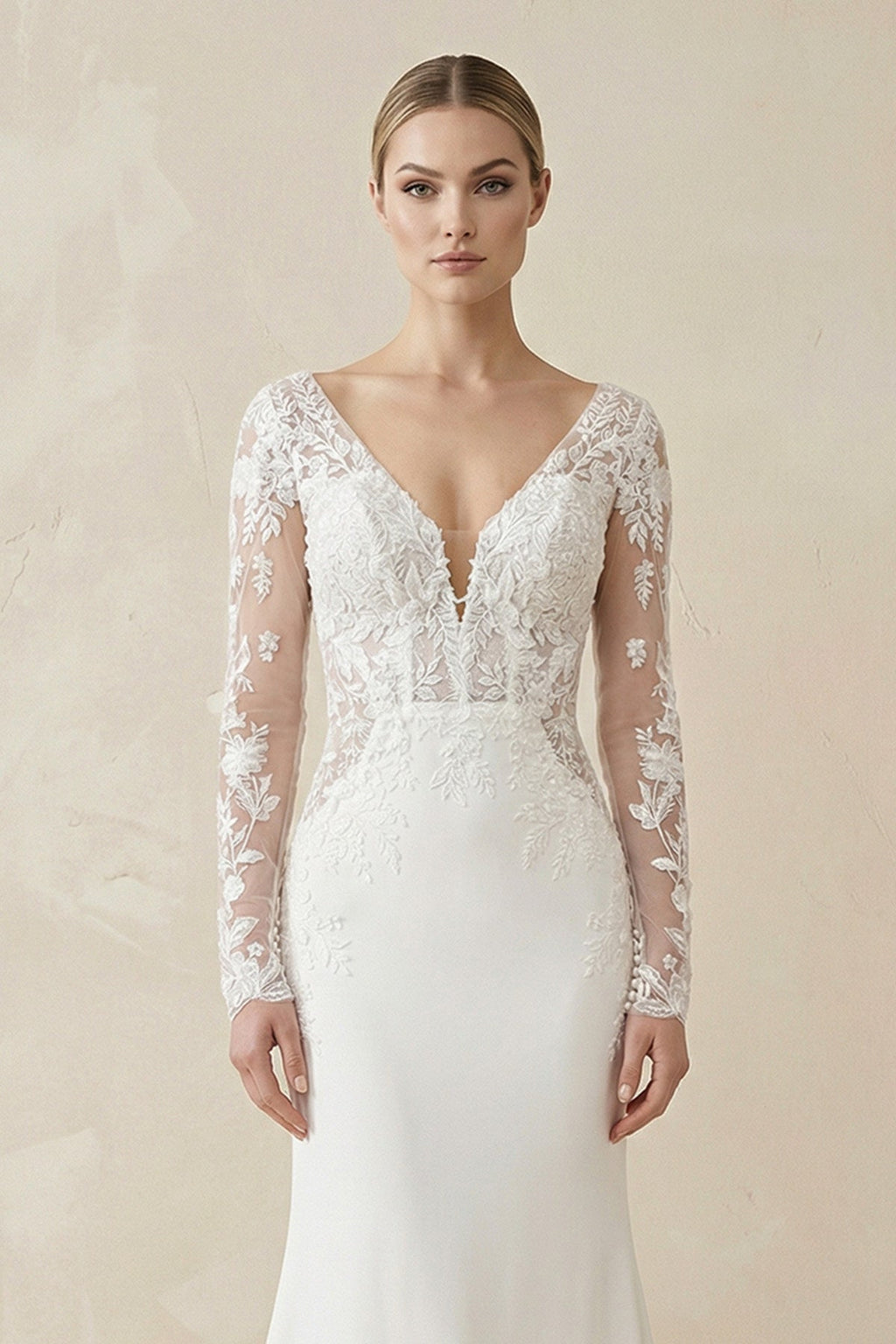 White Appliques Plunge V Mermaid Bridal Gown with Long Sleeves - Curvevia