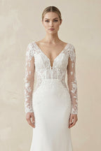 White Appliques Plunge V Mermaid Bridal Gown with Long Sleeves - Curvevia