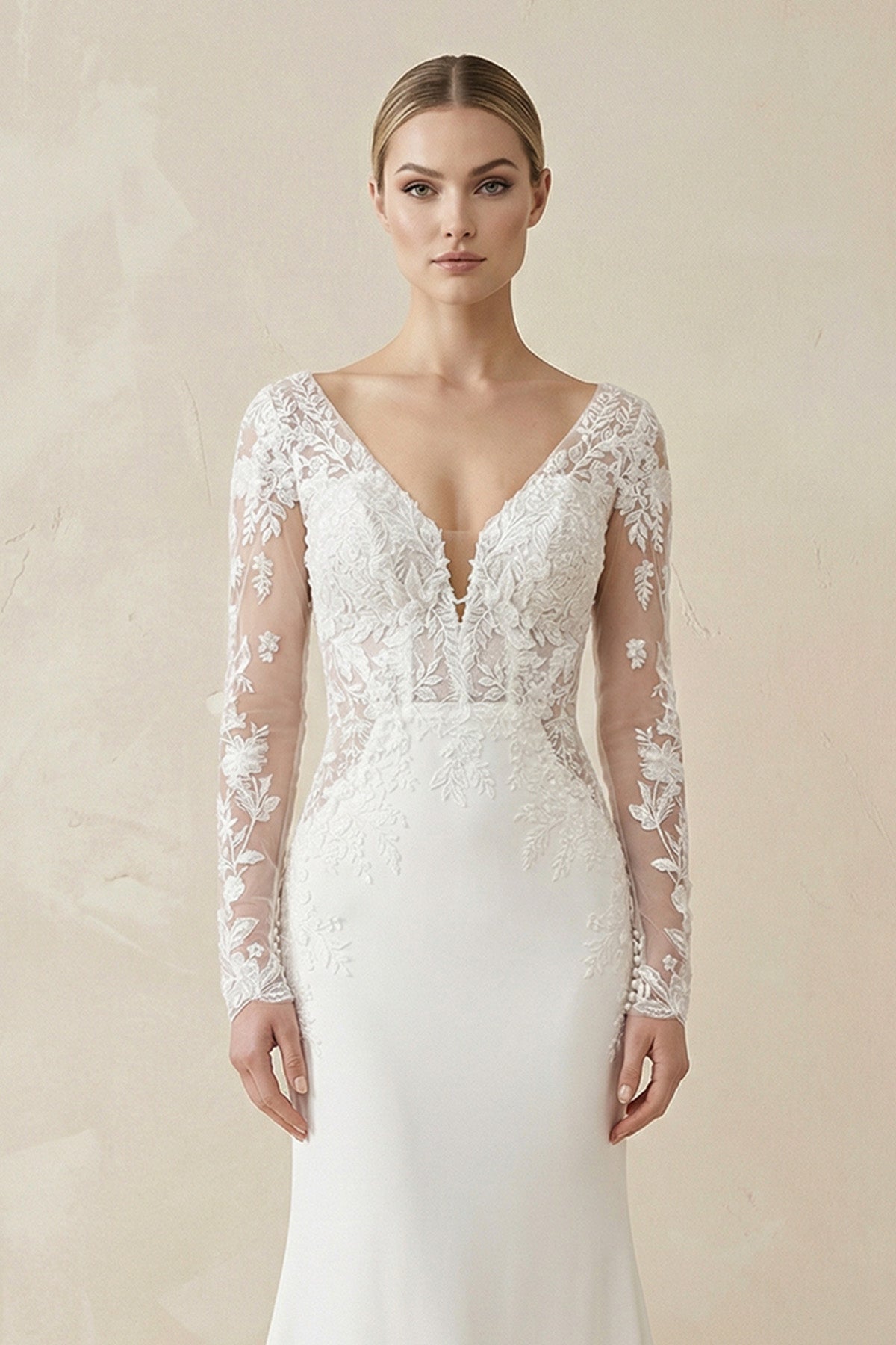 White Appliques Plunge V Mermaid Bridal Gown with Long Sleeves - Curvevia