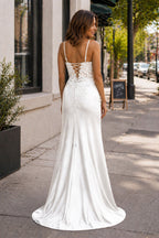 Sheath Spaghetti Straps Black Satin Long Prom Dresses with Lace Appliques - Curvevia