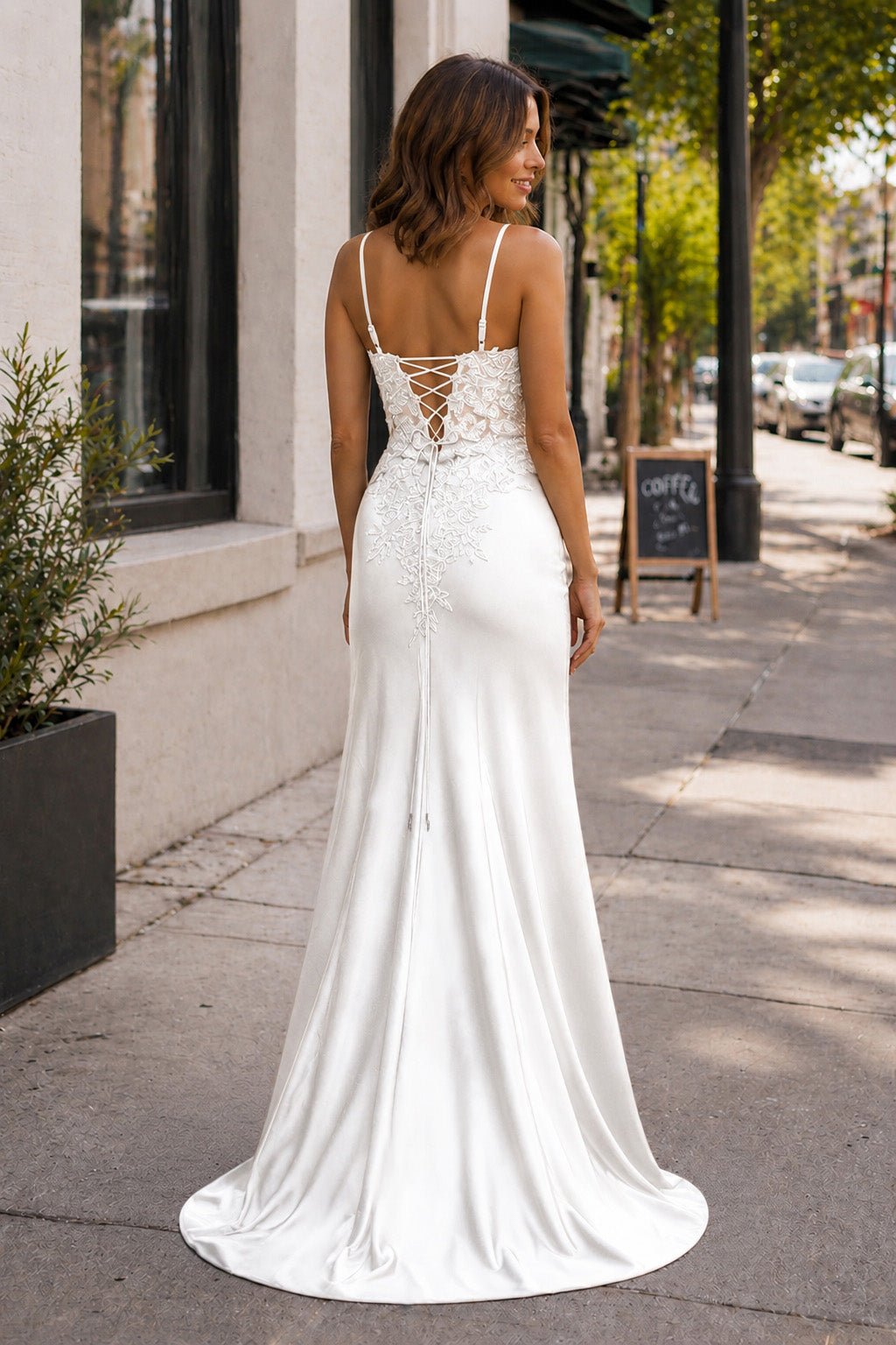 Sheath Spaghetti Straps Black Satin Long Prom Dresses with Lace Appliques - Curvevia