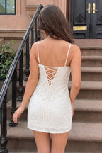 Yellow Bodycon Spaghetti Straps Short Homecoming Dress With Sequins - Curvevia
