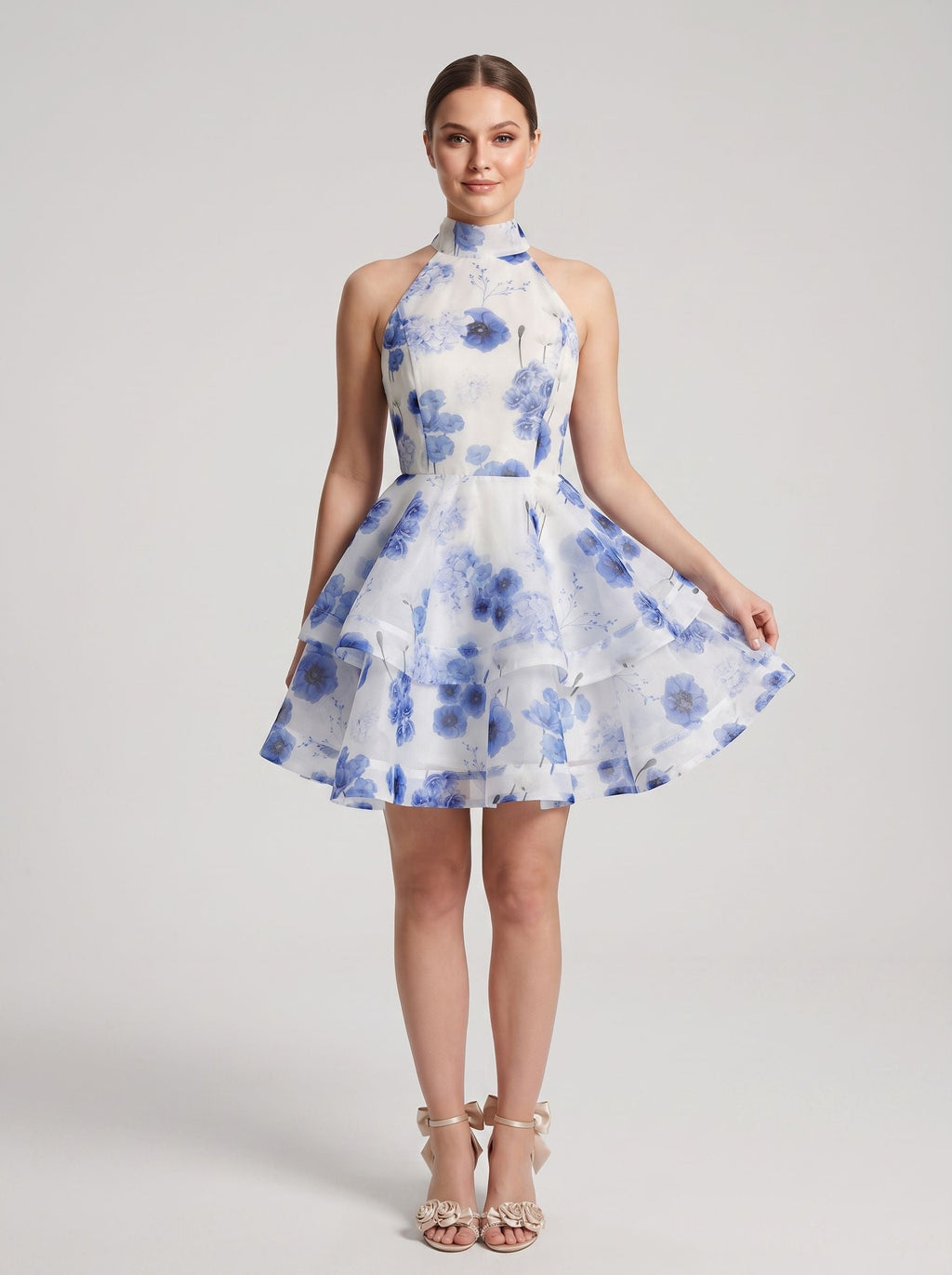 Blue Tulle A-Line Halter neckline Backless Short Dress with Floral Print and Tiered Ruffles - Curvevia