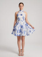 Blue Tulle A-Line Halter neckline Backless Short Dress with Floral Print and Tiered Ruffles - Curvevia