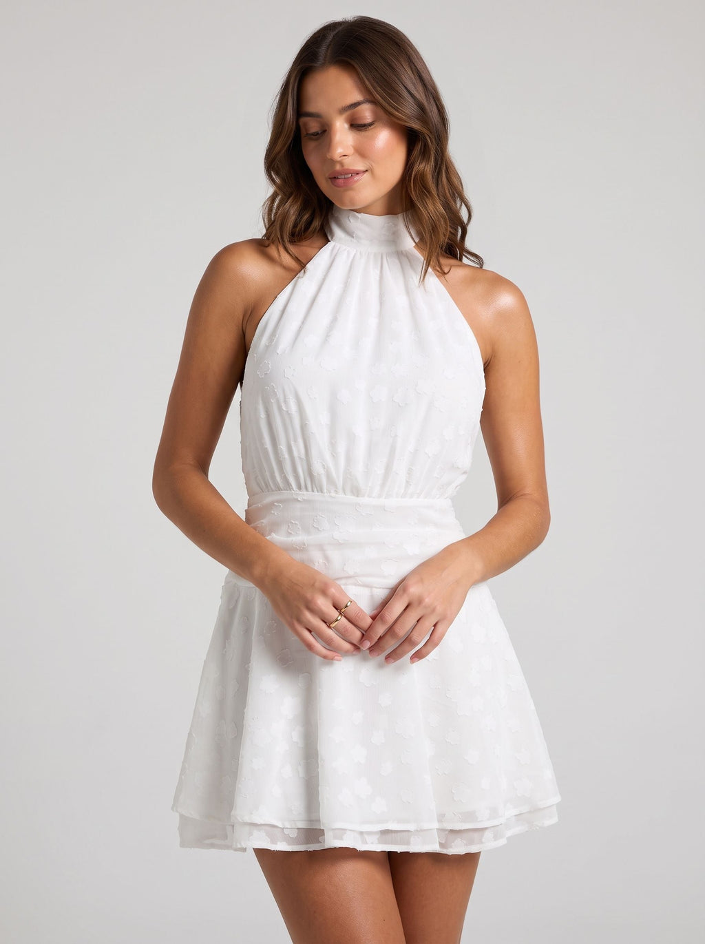 White Chiffon A-Line Halter neckline Backless Short Dress with a Layered Hem - Curvevia