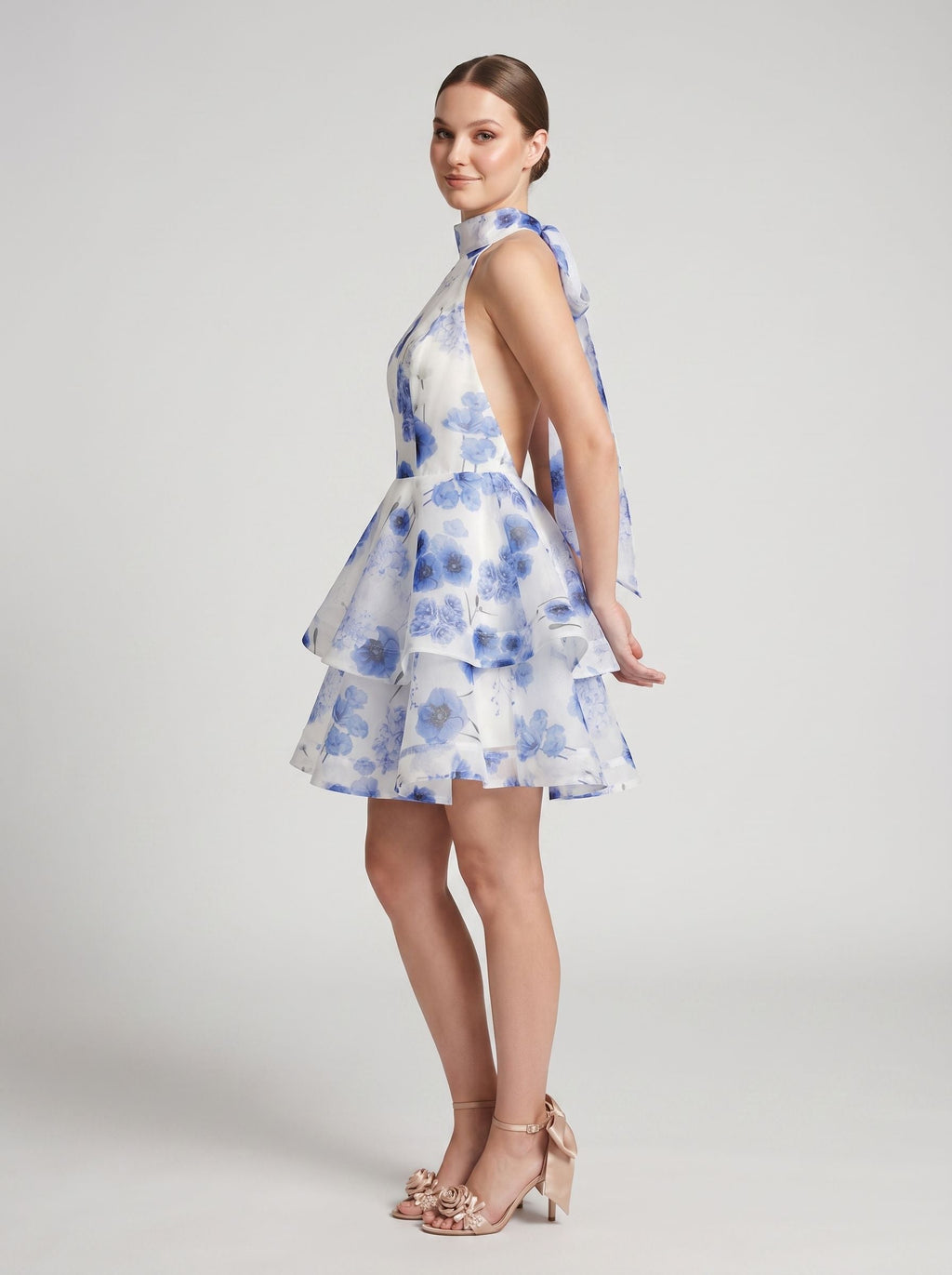 Blue Tulle A-Line Halter neckline Backless Short Dress with Floral Print and Tiered Ruffles - Curvevia