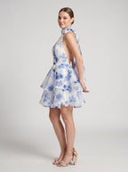 Blue Tulle A-Line Halter neckline Backless Short Dress with Floral Print and Tiered Ruffles - Curvevia