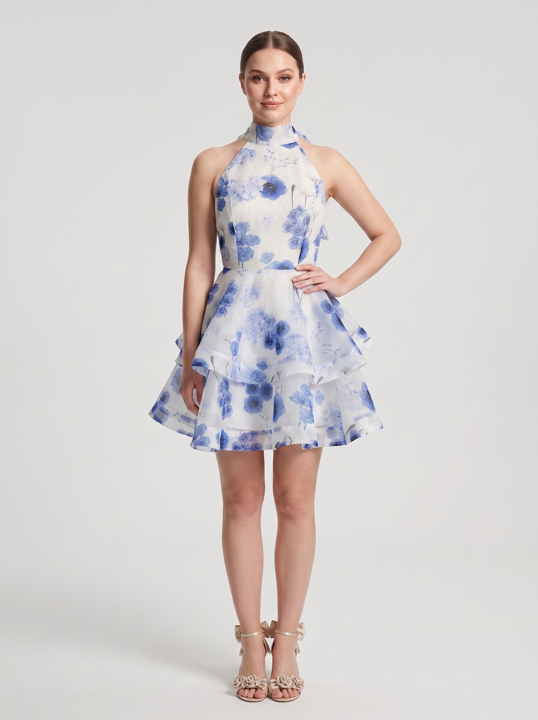 Blue Tulle A-Line Halter neckline Backless Short Dress with Floral Print and Tiered Ruffles - Curvevia