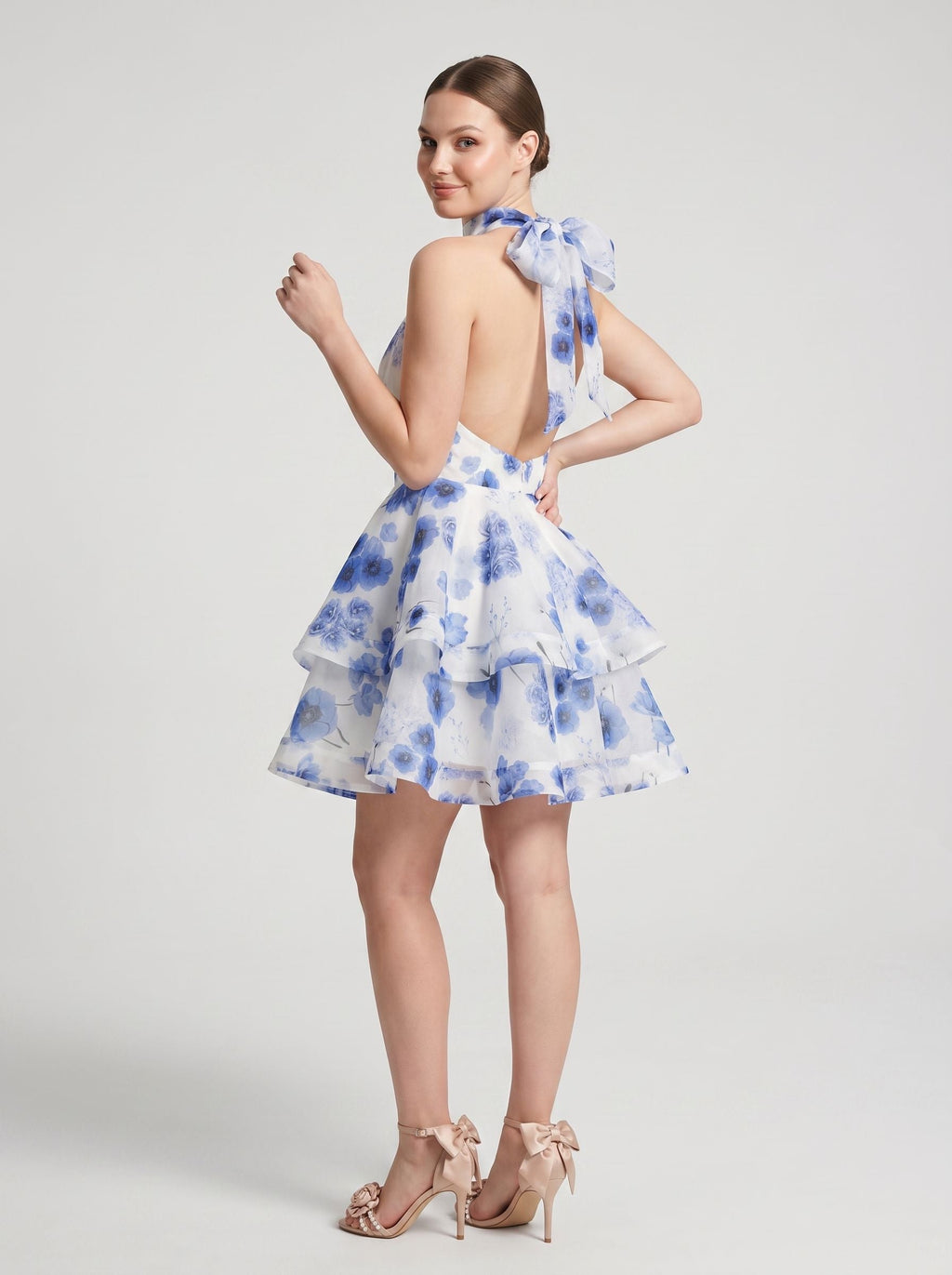 Blue Tulle A-Line Halter neckline Backless Short Dress with Floral Print and Tiered Ruffles - Curvevia
