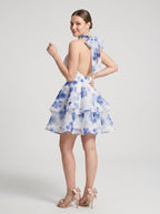 Blue Tulle A-Line Halter neckline Backless Short Dress with Floral Print and Tiered Ruffles - Curvevia