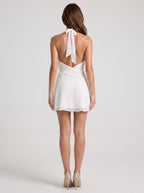 White Chiffon A-Line Halter neckline Backless Short Dress with a Layered Hem - Curvevia
