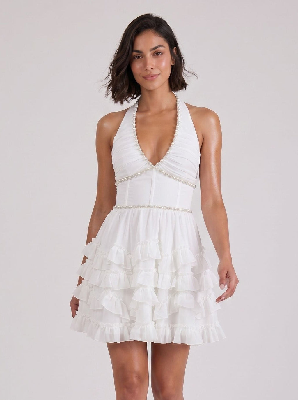 White Chiffon A-Line Halter neckline Backless Short Dress with Pearls and Ruffles - Curvevia