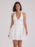 White Chiffon A-Line Halter neckline Backless Short Dress with Pearls and Ruffles - Curvevia