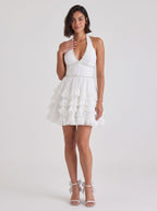White Chiffon A-Line Halter neckline Backless Short Dress with Pearls and Ruffles - Curvevia