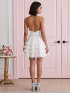 White Chiffon A-Line Halter neckline Backless Short Dress with Pearls and Ruffles - Curvevia