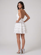 White Chiffon A-Line Halter neckline Backless Short Dress with Pearls and Ruffles - Curvevia