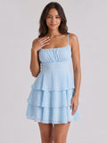 Sky Blue Chiffon A-Line Square Neck Bow Short Dress with Ruffled Tiers - Curvevia