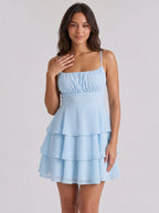 Sky Blue Chiffon A-Line Square Neck Bow Short Dress with Ruffled Tiers - Curvevia