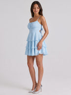 Sky Blue Chiffon A-Line Square Neck Bow Short Dress with Ruffled Tiers - Curvevia