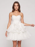 White Chiffon A-Line Sweetheart Lace-up Short Dress with Ruffled Layers - Curvevia