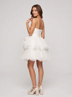 White Chiffon A-Line Sweetheart Lace-up Short Dress with Ruffled Layers - Curvevia
