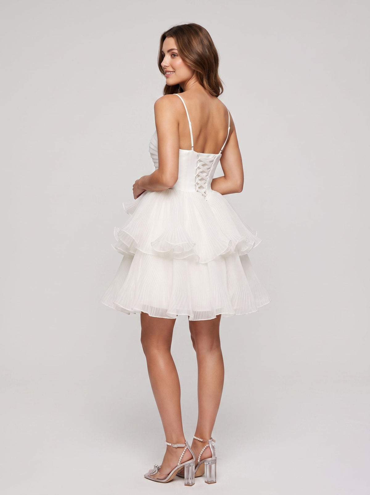 White Chiffon A-Line Sweetheart Lace-up Short Dress with Ruffled Layers - Curvevia